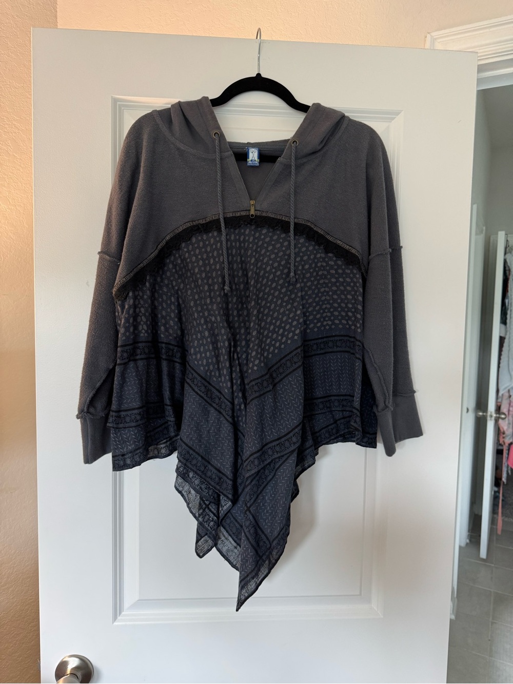 Free People Dark Gray Hooded Handkerchief Hem Poncho